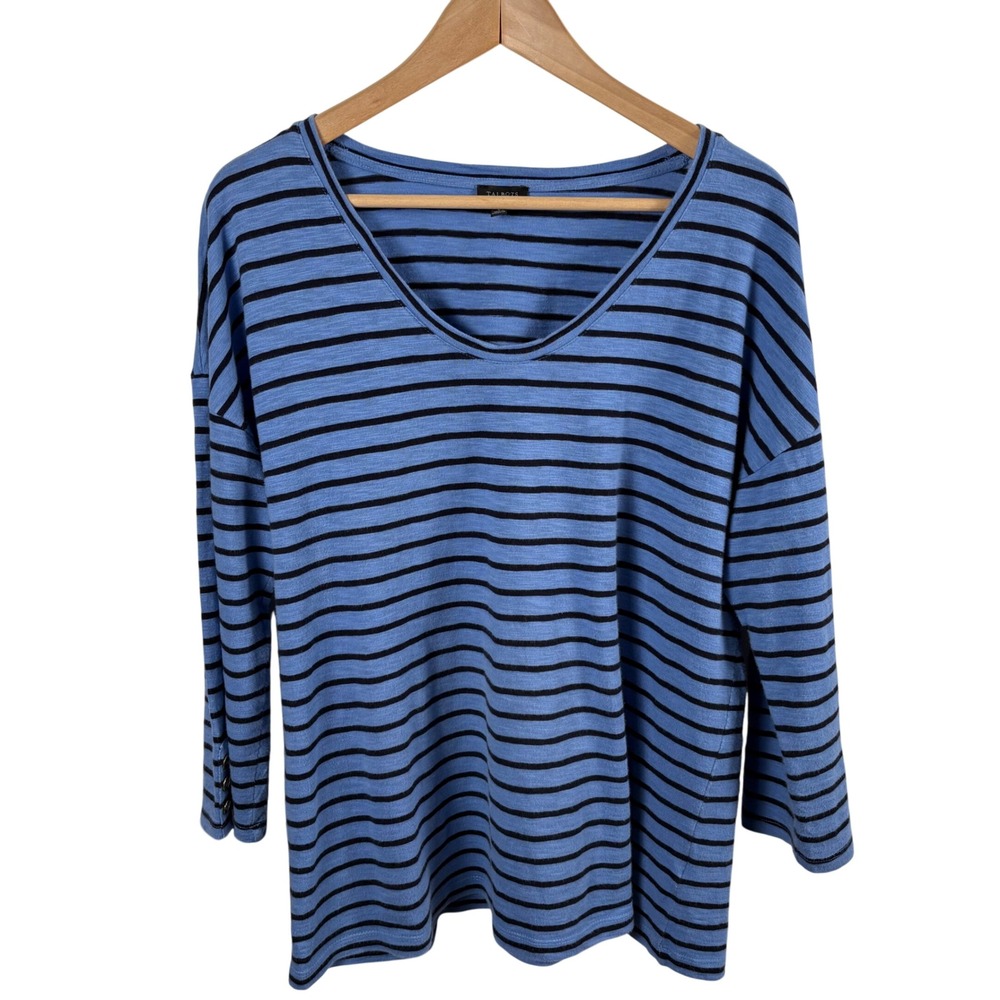 Talbots Tee Blue Black Stripe Scoop Neck Cotton Shirt Womens‎ L Coastal Basic